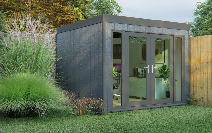 A gray square garden room by a large plant