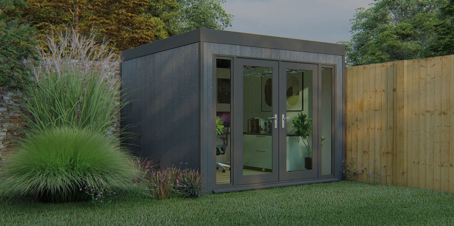 A gray square garden room by a large plant
